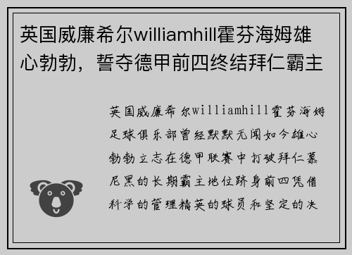英国威廉希尔williamhill霍芬海姆雄心勃勃，誓夺德甲前四终结拜仁霸主统治