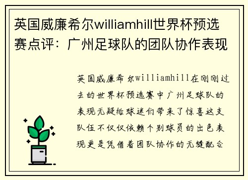 英国威廉希尔williamhill世界杯预选赛点评：广州足球队的团队协作表现